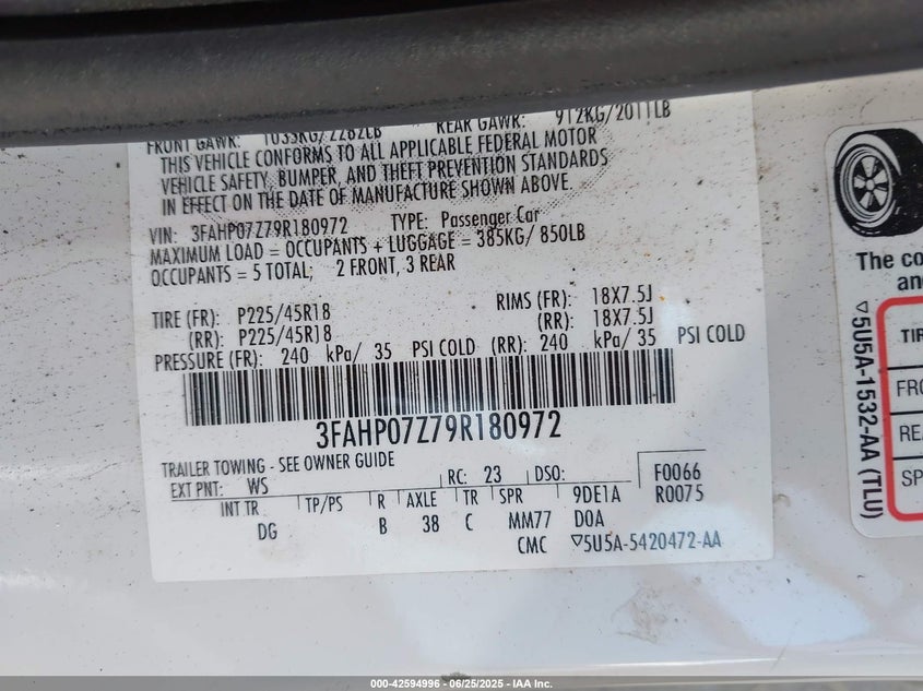 2009 FORD FUSION VIN: 3FAHP07Z79R180972