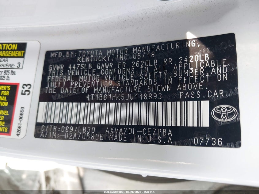 2018 TOYOTA CAMRY VIN: 4T1B61HK5JU118893