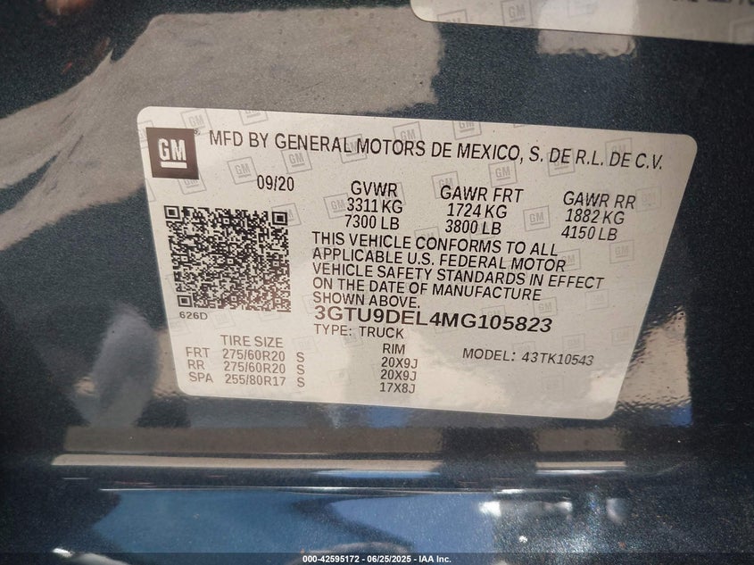 2021 GMC SIERRA VIN: 3GTU9DEL4MG105823