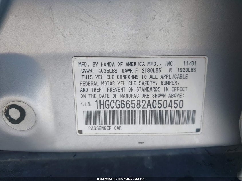 2002 Honda Accord 2.3 Lx VIN: 1HGCG66582A050450 Lot: 42595178