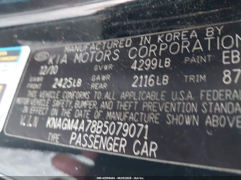 2011 Kia Optima Lx VIN: KNAGM4A78B5079071 Lot: 42595454
