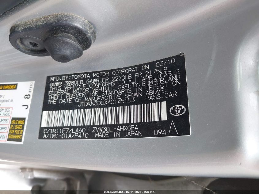 2010 Toyota Prius Iv VIN: JTDKN3DUXA0145153 Lot: 42595464