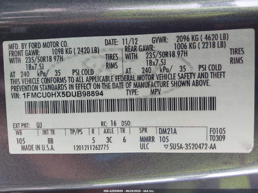 2013 Ford Escape Sel VIN: 1FMCU0HX5DUB98894 Lot: 42595509