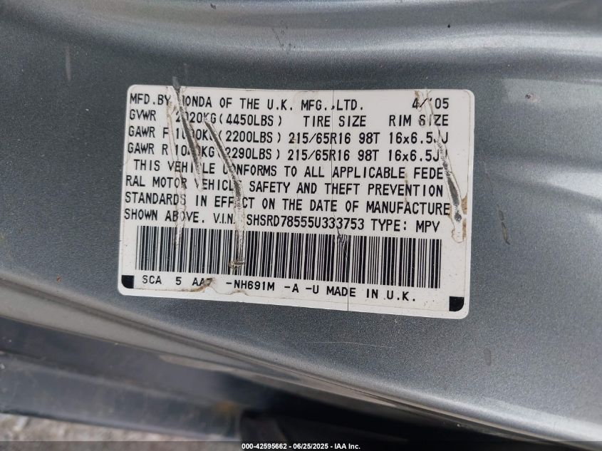 2005 Honda Cr-V Lx VIN: SHSRD78555U333753 Lot: 42595662