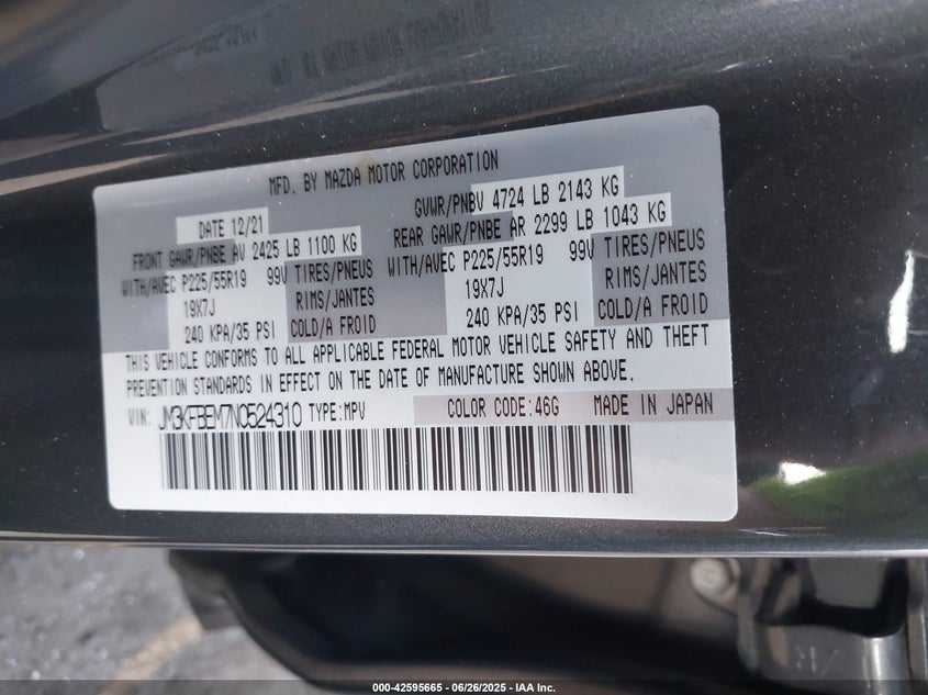 VIN JM3KFBEM7N0524310 2022 MAZDA CX-5 2.5 S PREMIUM PLUS