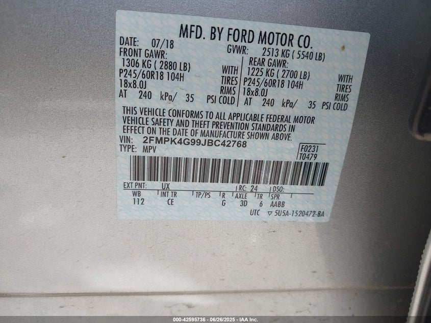 VIN 2FMPK4G99JBC42768 2018 FORD EDGE SE