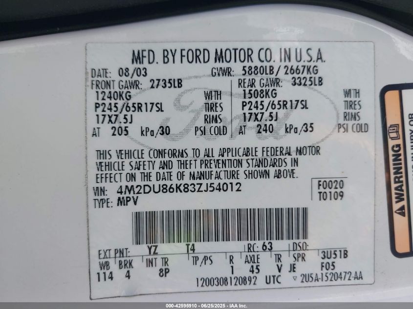 2003 Mercury Mountaineer VIN: 4M2DU86K83Z154012 Lot: 42595910