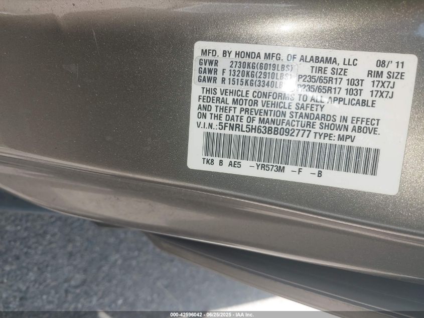 2011 Honda Odyssey VIN: 5FNRL5H63BB09277 Lot: 42596042