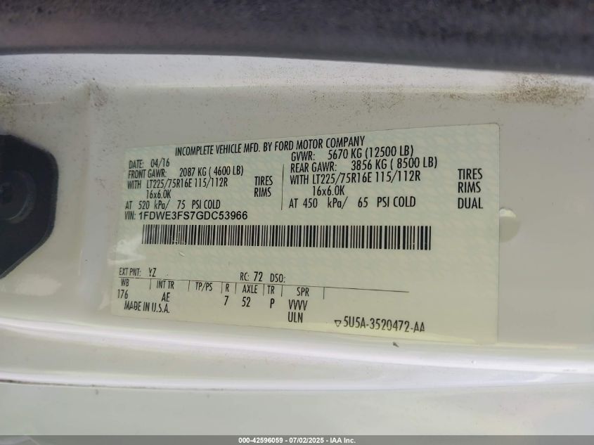 2016 Ford E-350 Cutaway VIN: 1FDWE3FS7GDC53966 Lot: 42596059