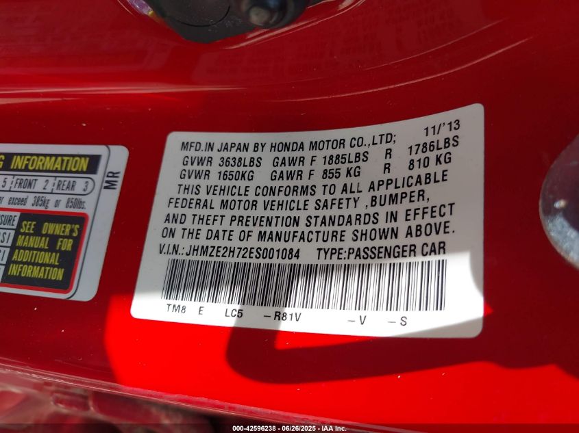 2014 Honda Insight Ex VIN: JHMZE2H72ES001084 Lot: 42596238