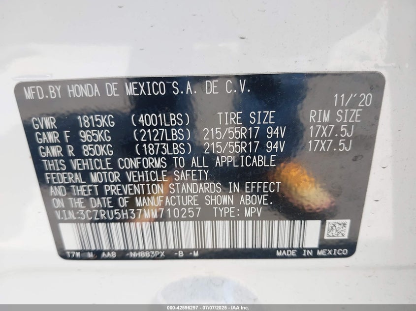 VIN 3CZRU5H37MM710257 2021 HONDA HR-V 2WD LX