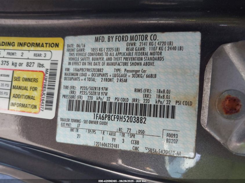 2017 Ford Mustang Gt VIN: 1FA6P8CF9H5203882 Lot: 42596365