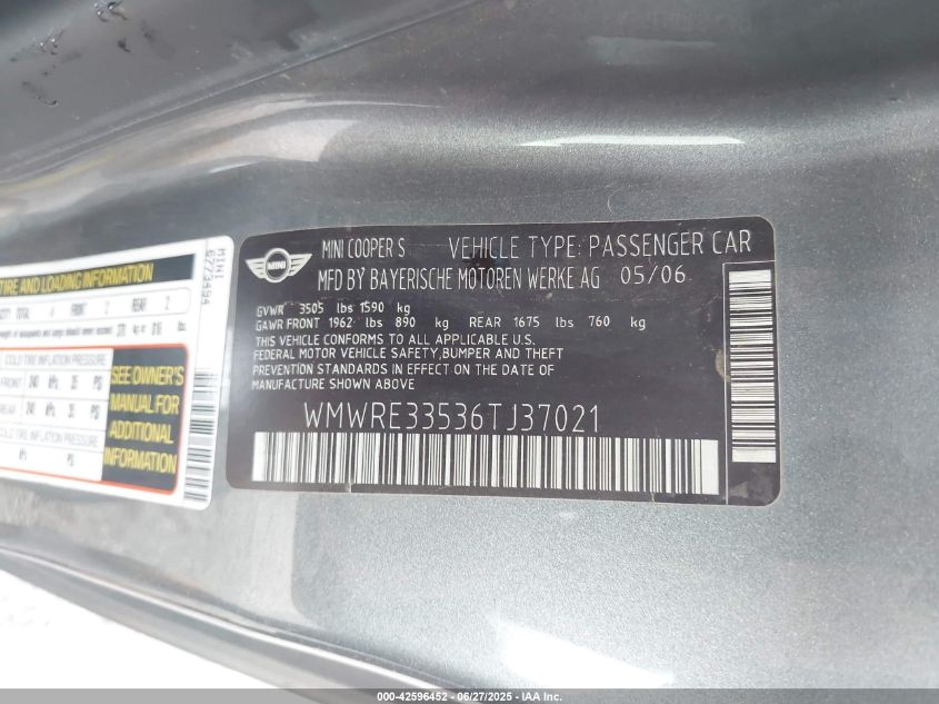 2006 Mini Cooper S VIN: WMWRE33536T137021 Lot: 42596452