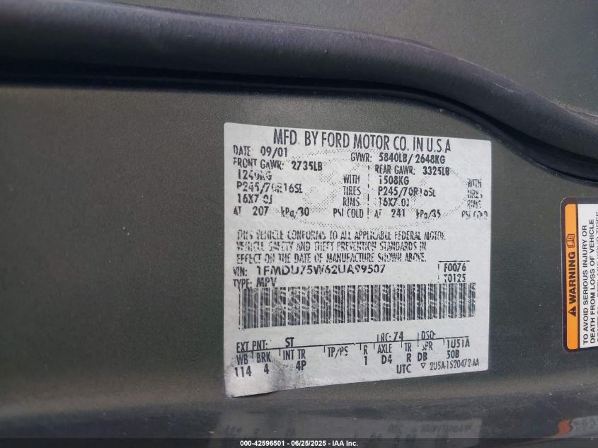 2002 Ford Explorer Limited VIN: 1FMDU75W62UA99507 Lot: 42596501