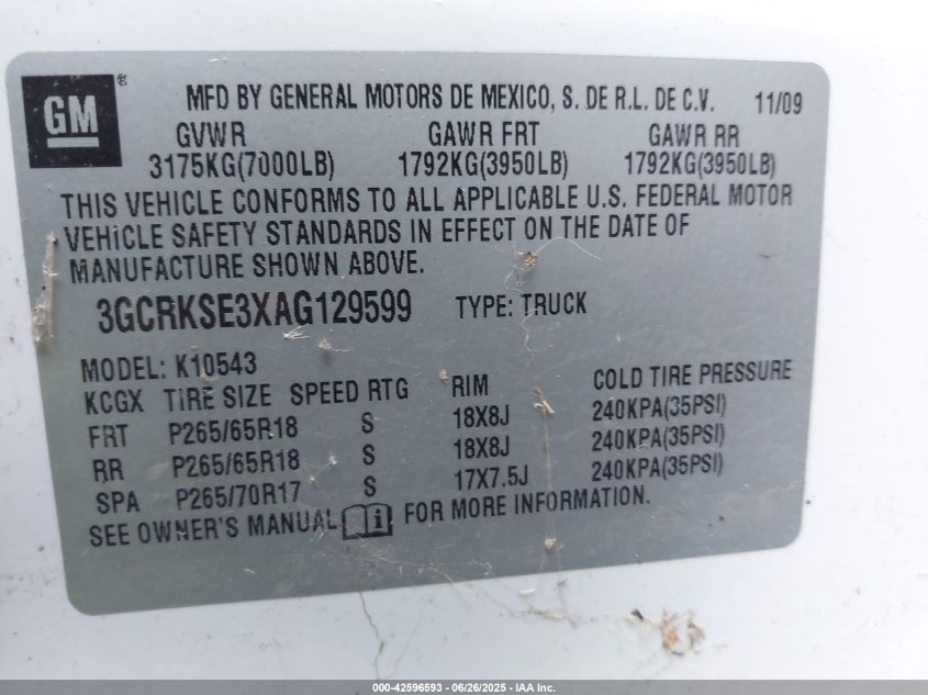 2010 Chevrolet Silverado K1500 Lt VIN: 3GCRKSE3XAG129508 Lot: 42596593
