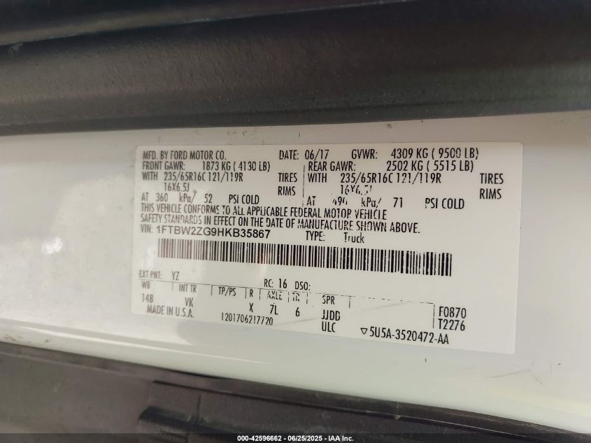 2017 Ford Transit-350 VIN: 1FTBW2ZG9HKB35867 Lot: 42596662