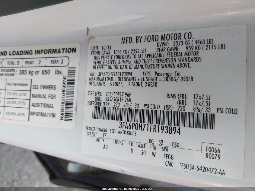 2015 FORD FUSION VIN: 3FA6P0H71FR193894