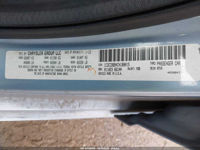 2012 CHRYSLER 200 VIN: 1C3CCBBB4CN188015