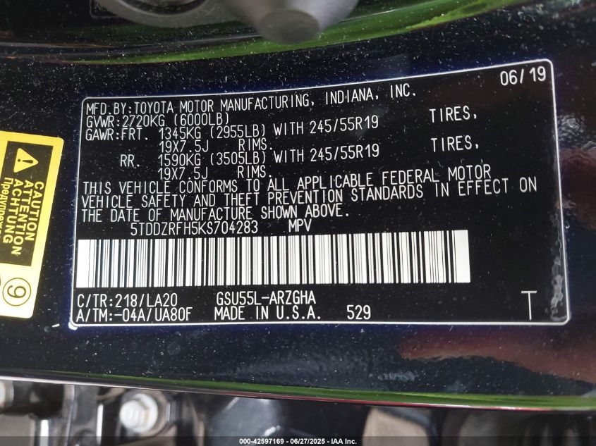 2019 Toyota Highlander Limited VIN: 5TDDZRFH5KS704283 Lot: 42597169