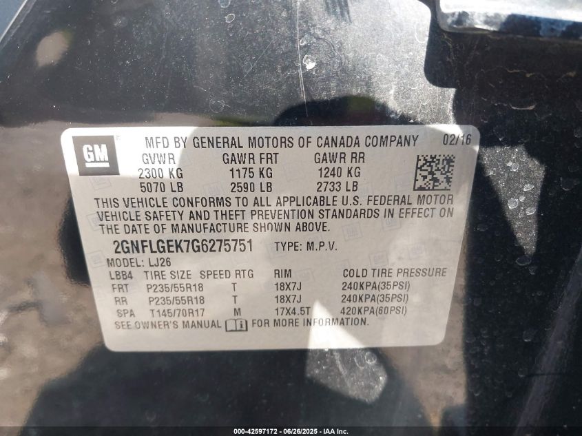 2016 Chevrolet Equinox Ltz VIN: 2GNFLGEK7G6275751 Lot: 42597172