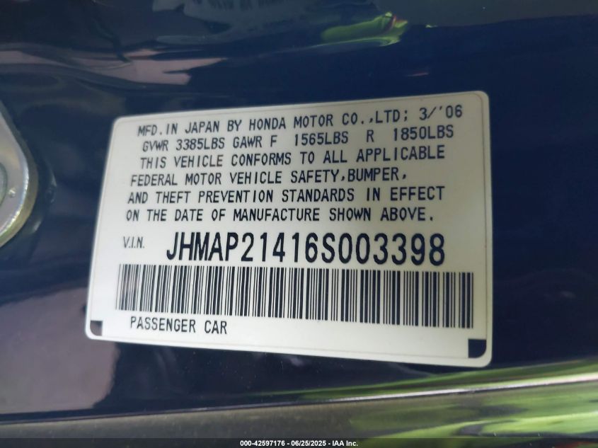 2006 Honda S2000 VIN: JHMAP21416S003398 Lot: 42597176