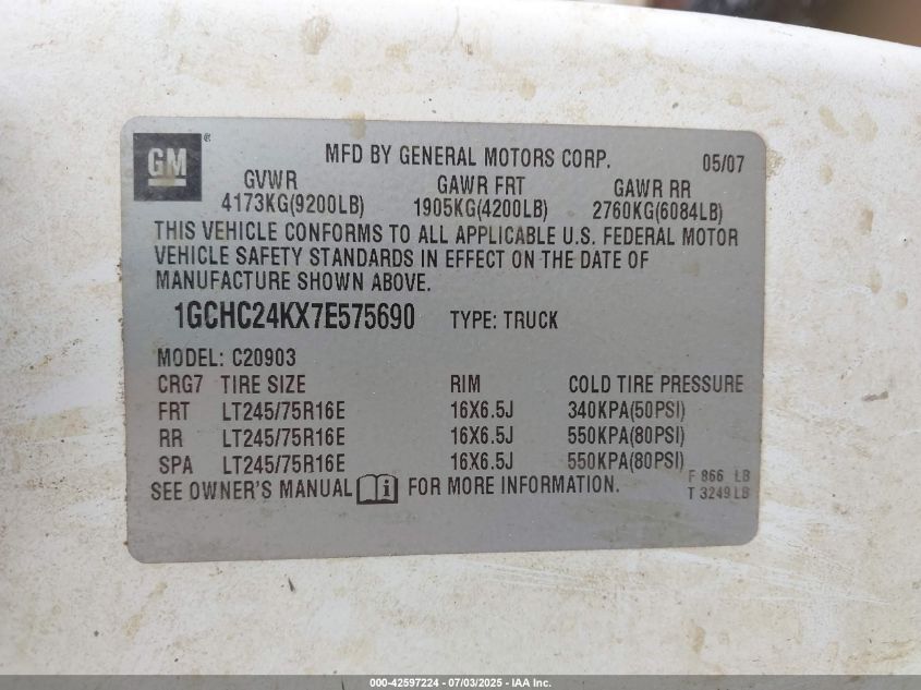 2007 Chevrolet Silverado 2500Hd Lt VIN: 1GCHC24KX7E575690 Lot: 42597224