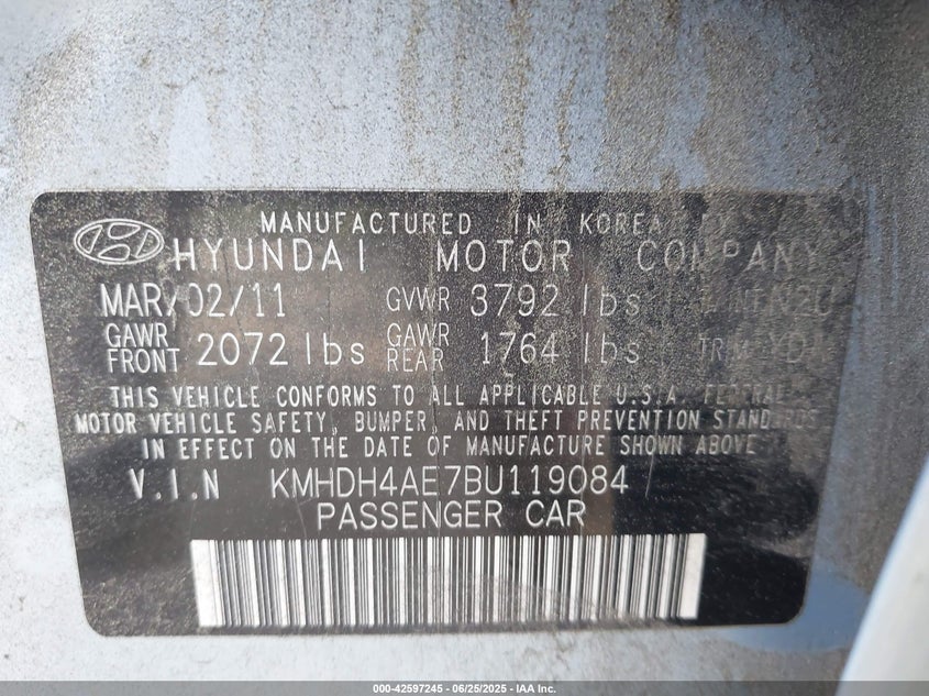 2011 HYUNDAI ELANTRA VIN: KMHDH4AE7BU119084