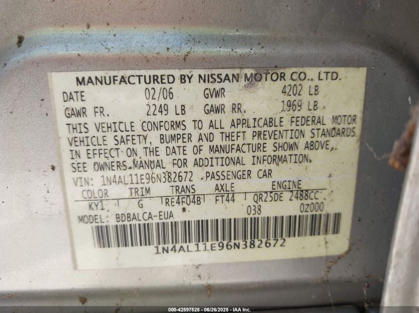 2006 Nissan Altima 2.5 S VIN: 1N4AL11E96N382672 Lot: 42597528