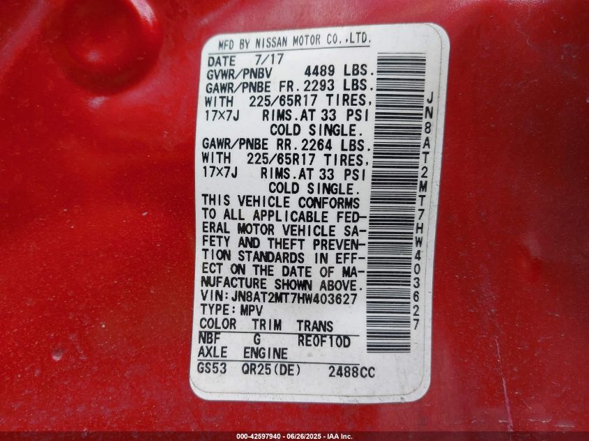 2017 Nissan Rogue Sv VIN: JN8AT2MT7HW403627 Lot: 42597940