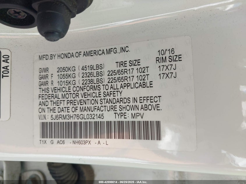 2016 HONDA CR-V VIN: 5J6RM3H76GL032145