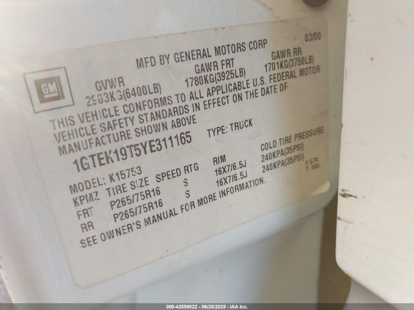 2000 GMC Sierra 1500 Sle VIN: 1GTEK19T5YE311165 Lot: 42598022