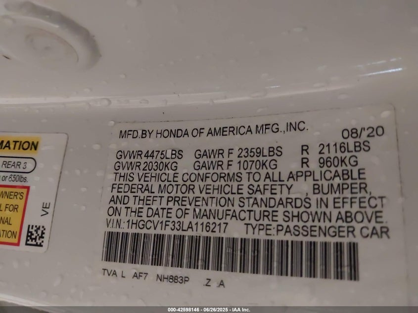 2020 HONDA ACCORD SPORT - 1HGCV1F33LA116217