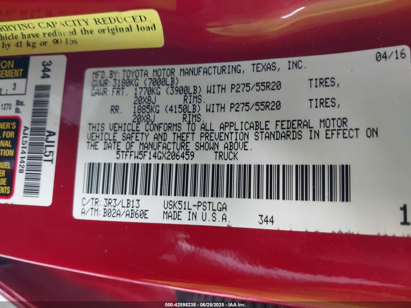 2016 TOYOTA TUNDRA LIMITED 5.7L V8 - 5TFFW5F14GX206459