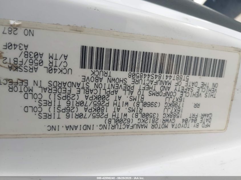 2004 Toyota Tundra Sr5 V8 VIN: 5TBBT44184S448508 Lot: 42598240