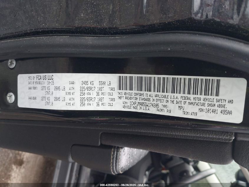 2016 Jeep Cherokee Sport VIN: 1C4PJMAB5GW174205 Lot: 42598253