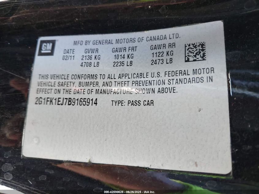 2011 Chevrolet Camaro 2Ss VIN: 2G1FK1EJ7B9165914 Lot: 42598628