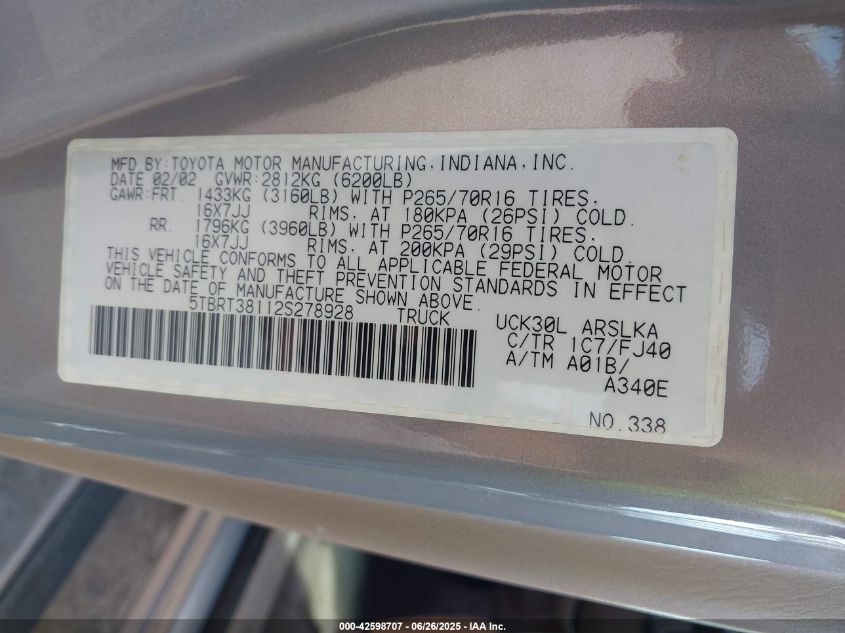 2002 Toyota Tundra Ltd V8 VIN: 5TBRT38112S278928 Lot: 42598707