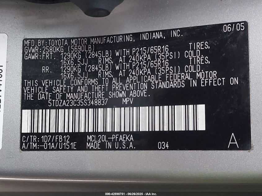 2005 Toyota Sienna Le VIN: 5TDZA23C35S348837 Lot: 42598751