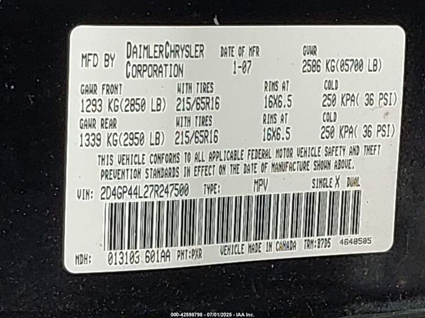 2007 Dodge Grand Caravan Sxt VIN: 2D4GP44L27R247500 Lot: 42598798