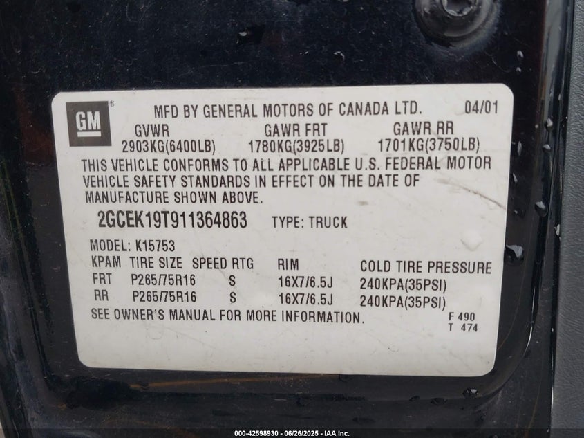 2001 Chevrolet Silverado 1500 Ls VIN: 2GCEK19T911364863 Lot: 42598930