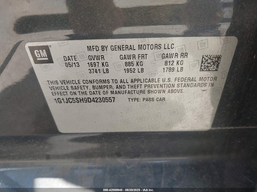 2013 Chevrolet Sonic Lt Auto VIN: 1G1JC5SH9D4230557 Lot: 42598948