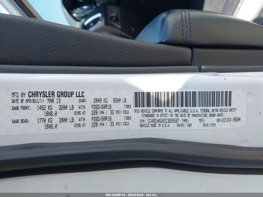 2013 DODGE DURANGO VIN: 1C4RDHAG0DC669587