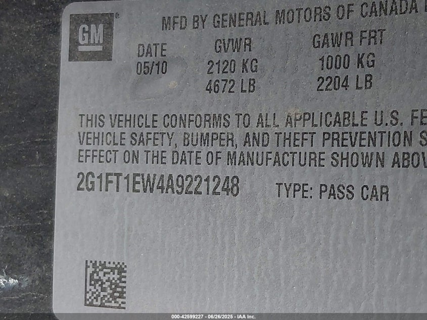2010 CHEVROLET CAMARO VIN: 2G1FT1EW4A9221248