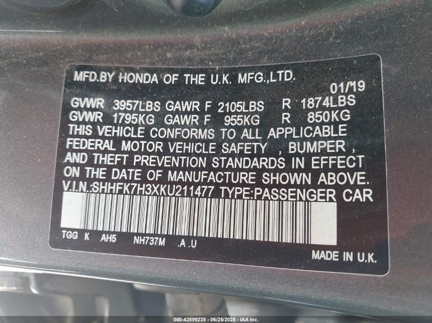 2019 Honda Civic Lx VIN: SHHFK7H3XKU211477 Lot: 42599235