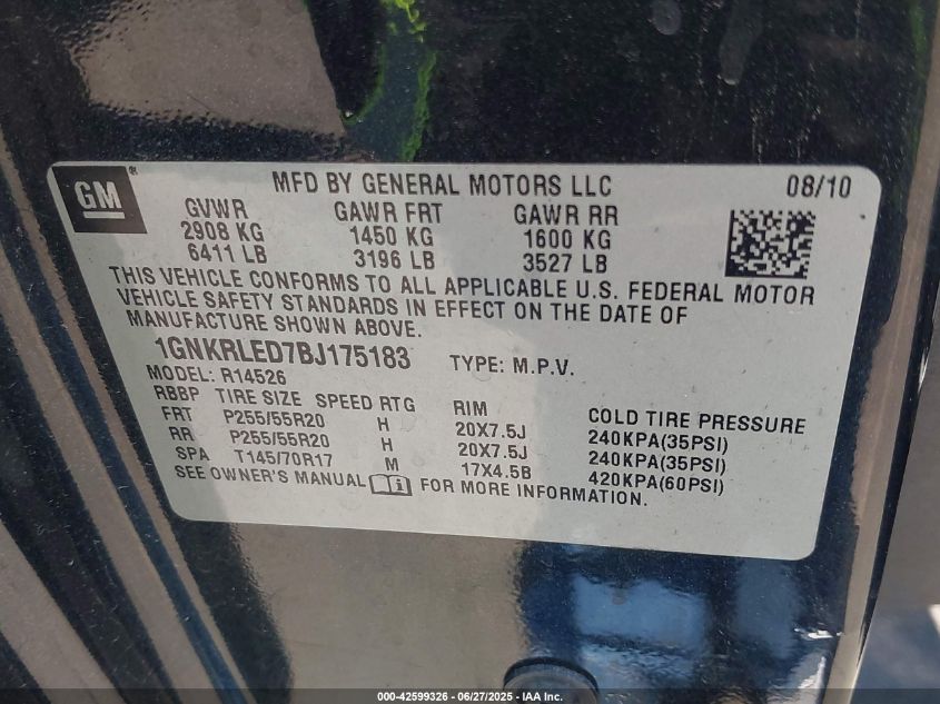 2011 Chevrolet Traverse Ltz VIN: 1GNKRLED7BJ175183 Lot: 42599326