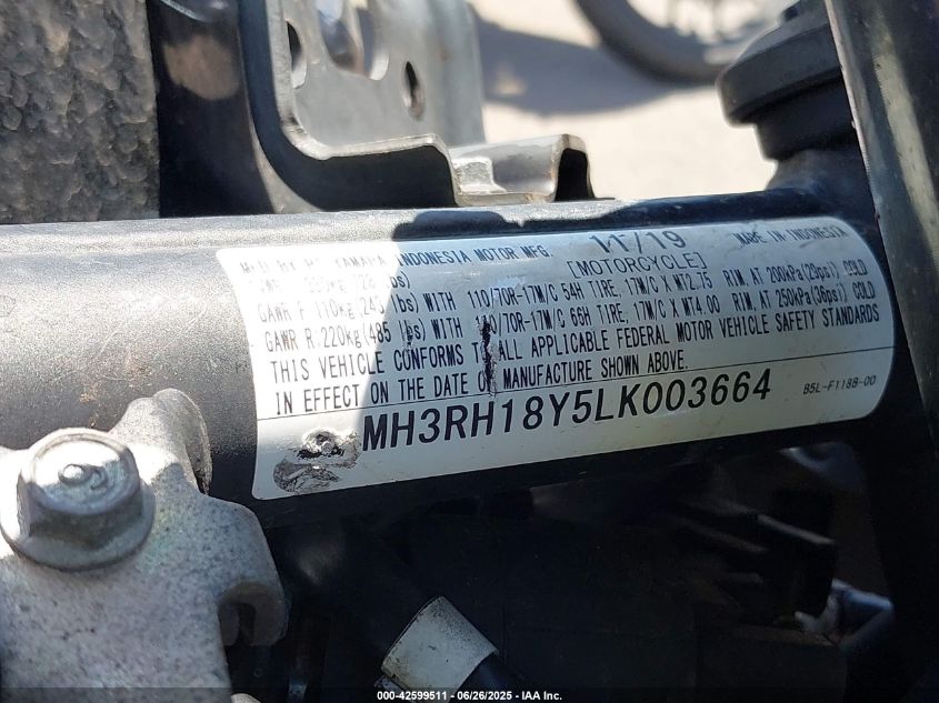 2020 Yamaha Yzfr3 A VIN: MH3RH18Y5LK003664 Lot: 42599511