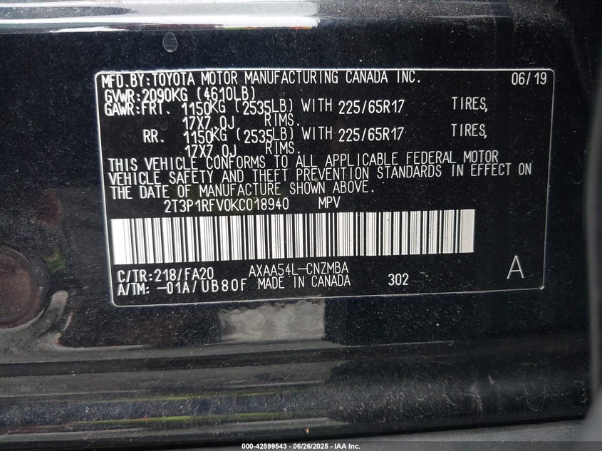 VIN 2T3P1RFV0KC018940 2019 TOYOTA RAV4 XLE