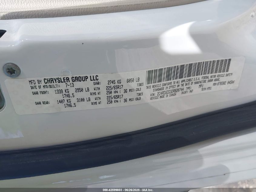 2013 Dodge Grand Caravan Sxt VIN: 2C4RDGCG3DR820744 Lot: 42599803