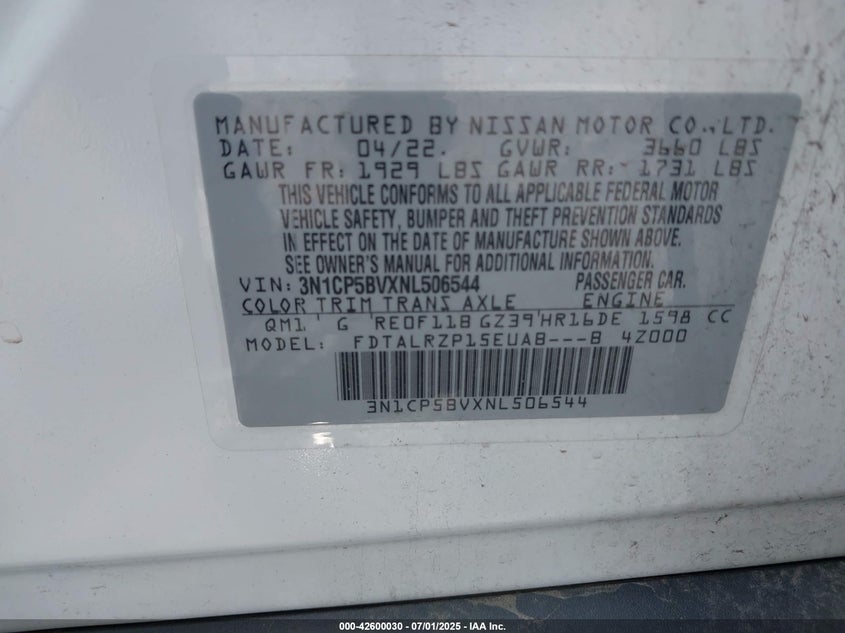 2022 NISSAN KICKS VIN: 3N1CP5BVXNL506544