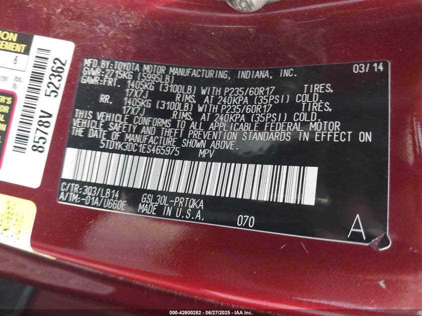 2014 TOYOTA SIENNA VIN: 5TDYK3DC1ES465975